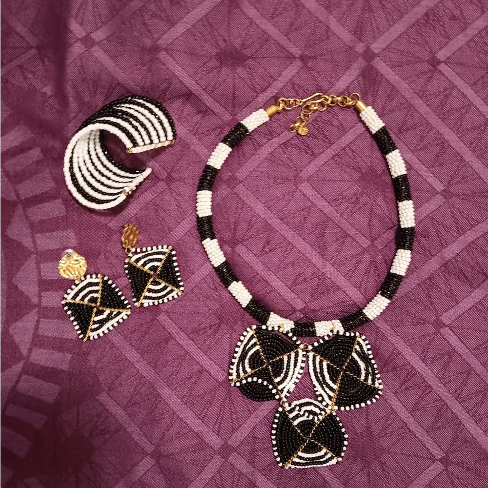 Sassy Jones Black and White Beaded Necklace Set